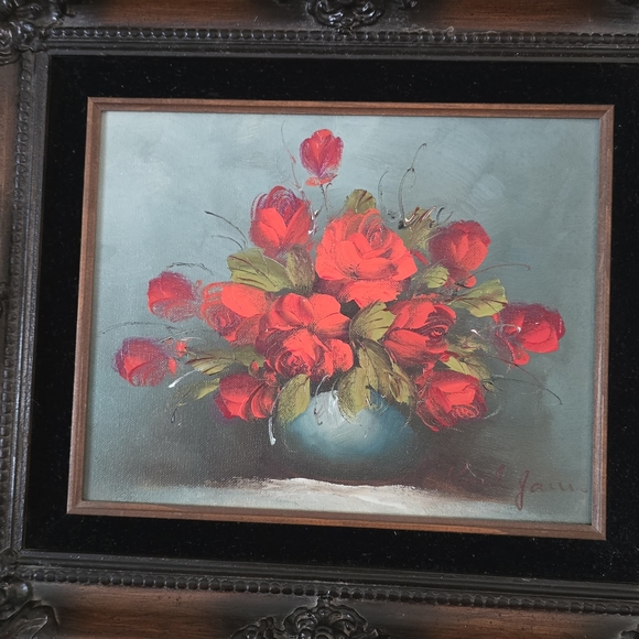 Vintage Floral Painting in Ornate Frame Roses In Vase‎ Oil Pinting Signed - Picture 4 of 12